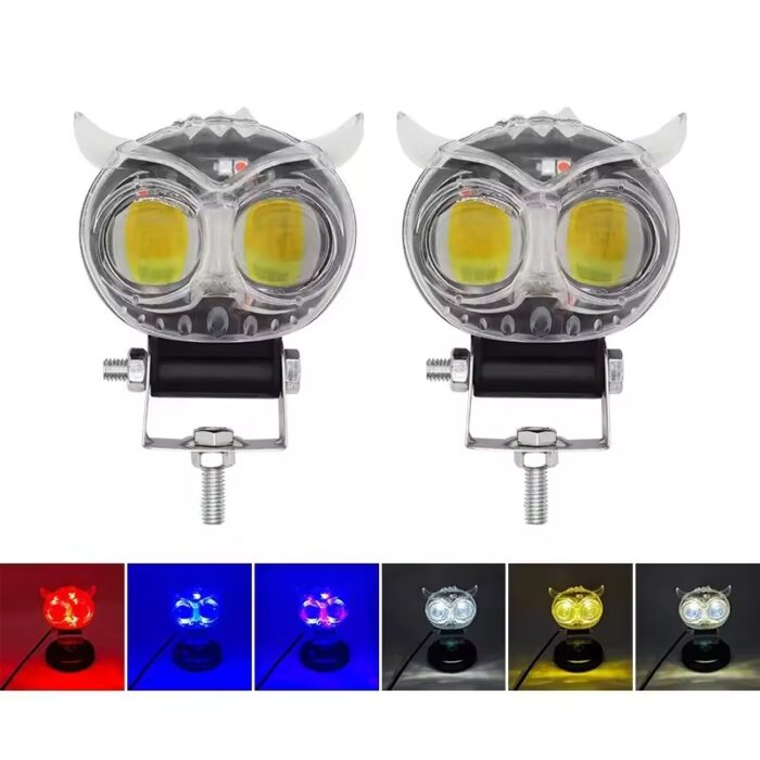 H79cb90ff55d94e9ca746a8796c5246bft.jpg PACK OF 2 Owl Shape Crystal Multi Color Drl Led Fog Light For Bikes Universal Fitment For Bikes Metal Back Body - Image 1