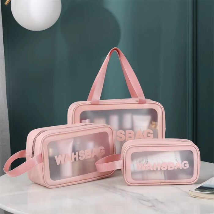 ( 3pcs) Washbag Makeup Bag Wear-resistant Large Capacity Portable Cosmetic Makeup Pouch (pink color) - Image 5