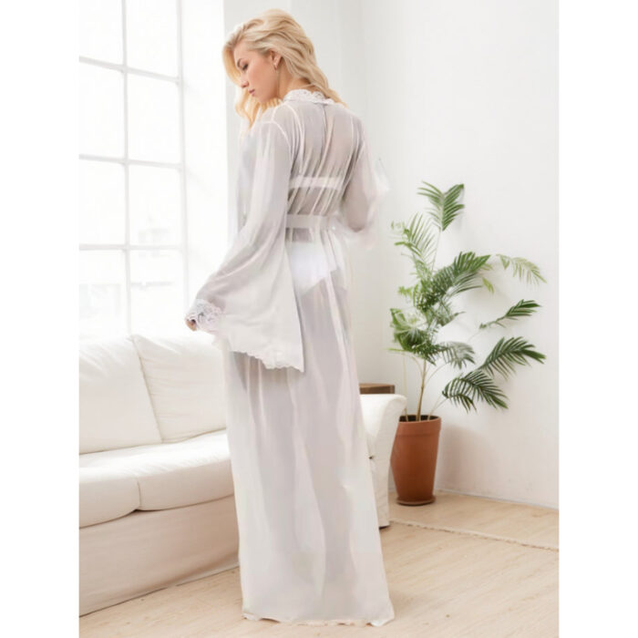 Elegant Sheer Mesh Long Robe with Lace Trim Soft and Sexy Loungewear - Image 6