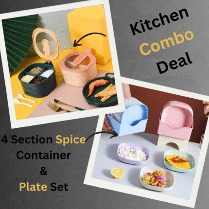 Combo Deal - 4 Section Spice Container Box & Multi-function Spit Bone 10 Plate Set Kitchen Storage Organizer (Random color)
