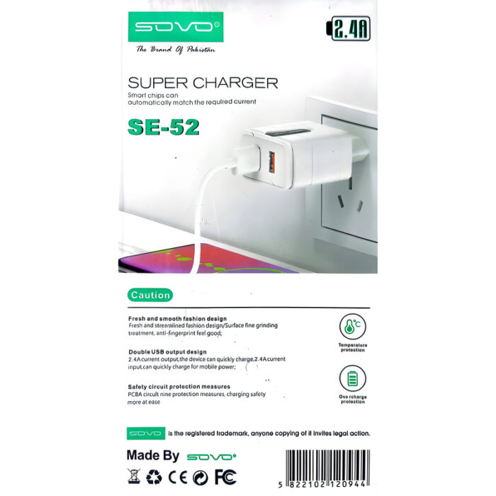 Sovo SE-52 Lexus 2.4 Amp Super Fast Charging Adapter With 2 USB Ports - Image 6