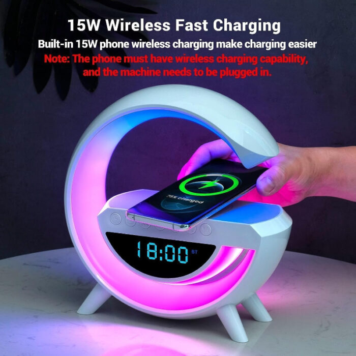 BT-3401 LED Display Wireless Phone Charger Bluetooth Speaker With Seven Color Selections, Alarm Clock, FM Radio - Image 2