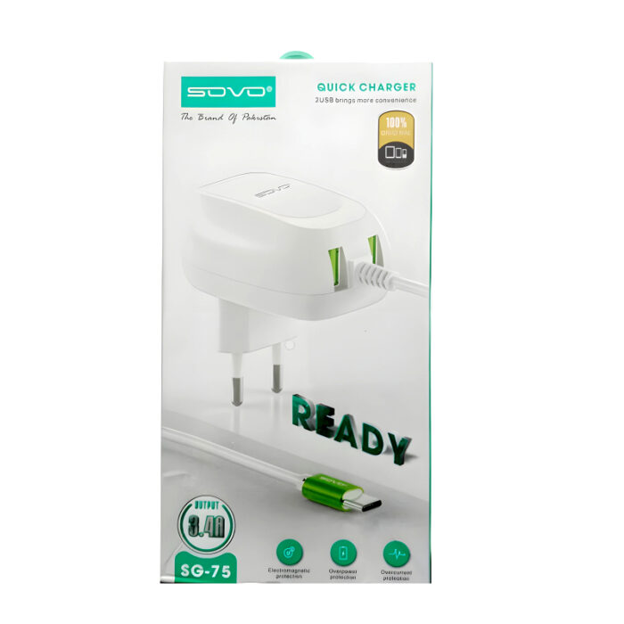 Sovo SG-75 Ready 3.4-Amp 2USB High Quallity Type-C Cable Fast Charger - Image 5