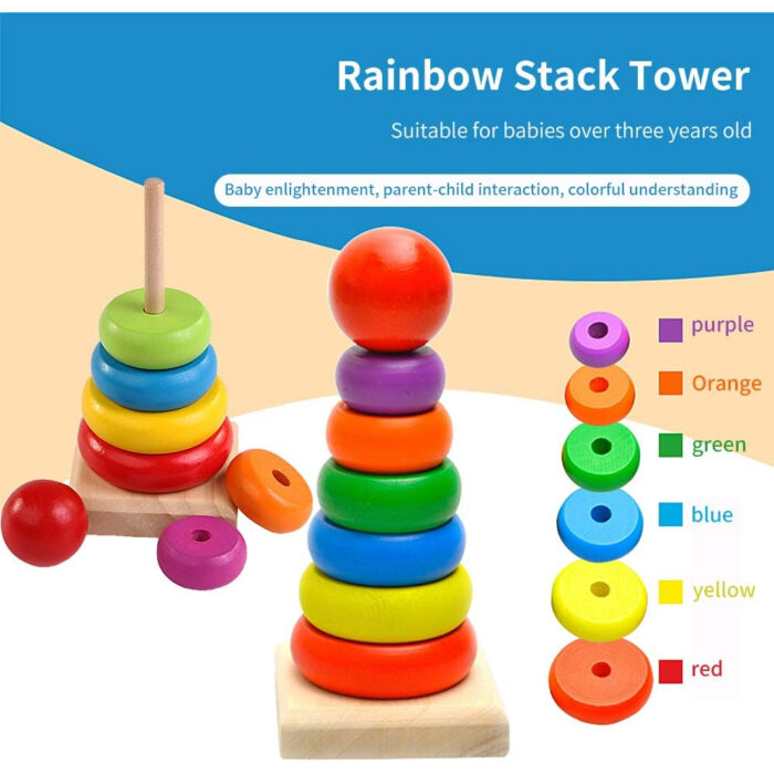 Colorful 6 Rings Wooden Rainbow Stacking Tower Toy - Image 2