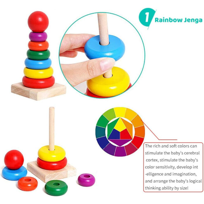 Colorful 6 Rings Wooden Rainbow Stacking Tower Toy - Image 8