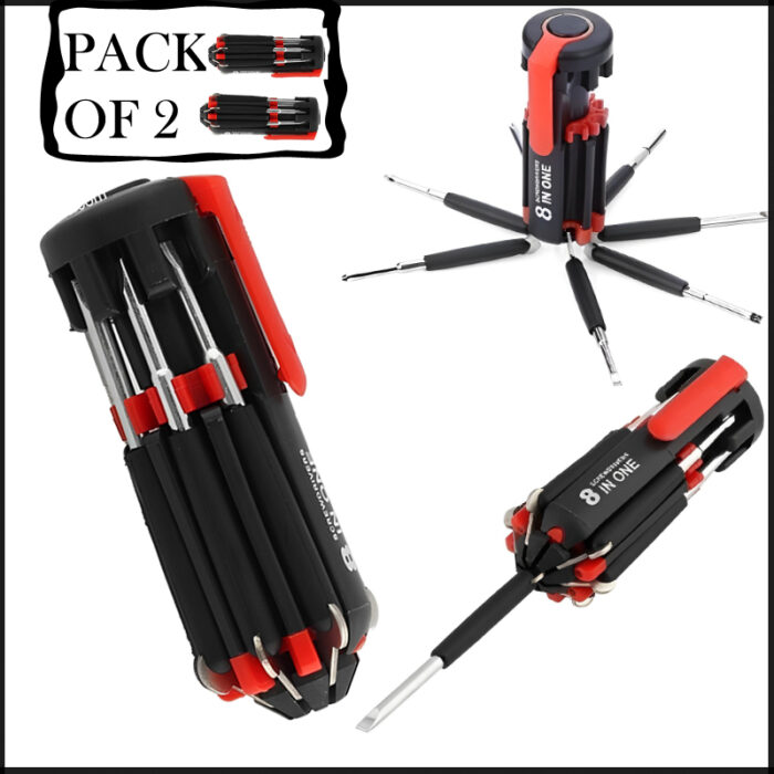 Pack Of 2 Compact 8-In-1 Multi Screwdriver Tool Set With 6 LED Torch - Image 1