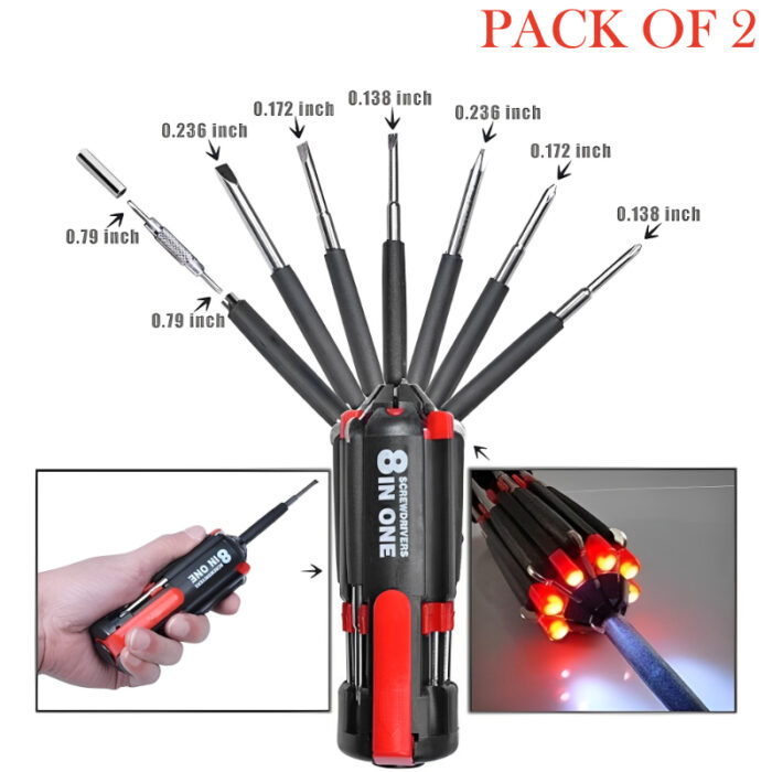 Pack Of 2 Compact 8-In-1 Multi Screwdriver Tool Set With 6 LED Torch - Image 4