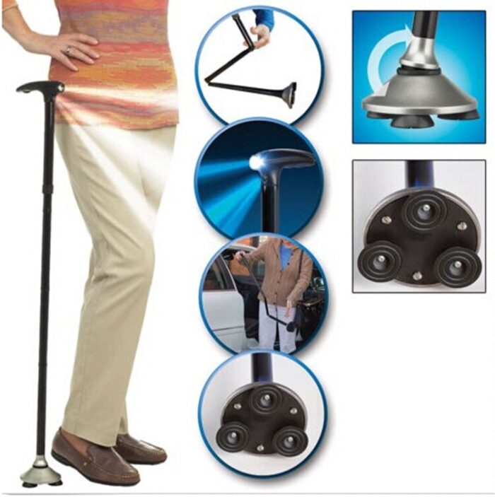 Trusty Cane - Sturdy Folding Walking Triple Head With Built in Lights - Fordable Walking Stick - Image 1