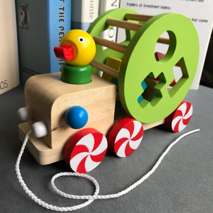 Colorful Pull Along Walking Wooden Block Duck Pull Cart Toy For Kids