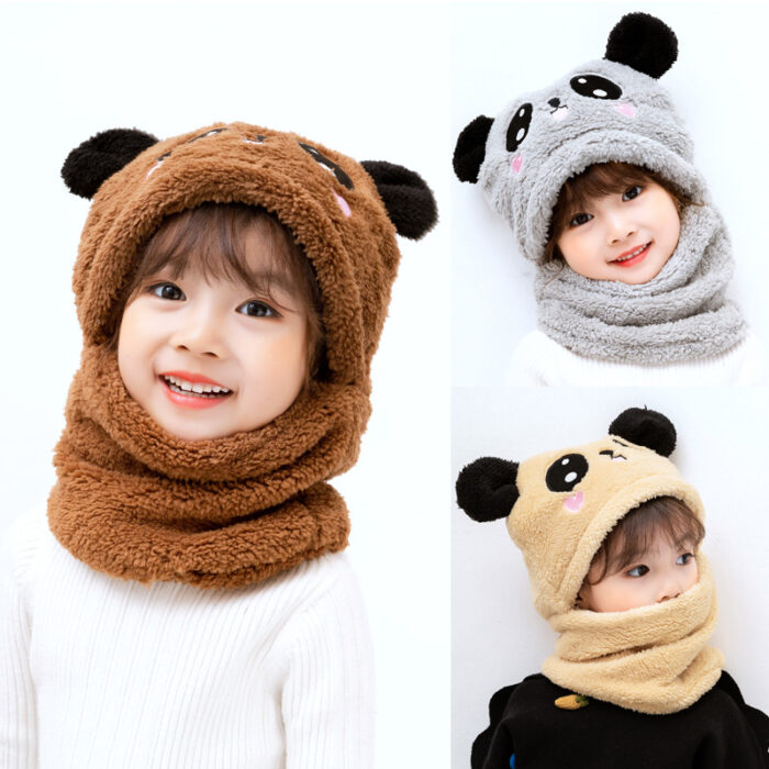Beanie Wool Cap With Neck Warmer Attached.  KIDS WOOL CAP Cartoon Panda Baby  (random color) - Image 1