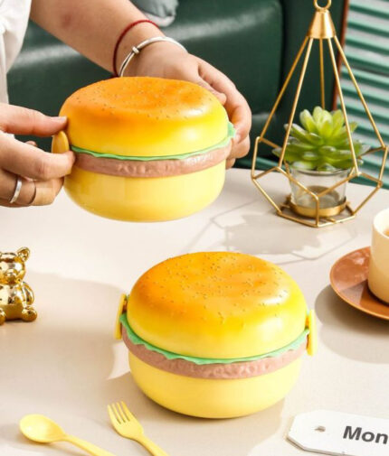 1 pc Round Cute Burger Shape Lunch Box Perfect For School Kids Office Worker 3 layer Container Box for Boys, Girls, School & Office Men