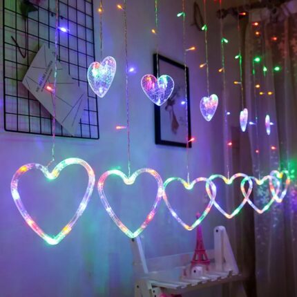 Multi Color Heart Curtain  Warm Color Heart Curtain 6+6 String LED Light, Plug-In, 220 V