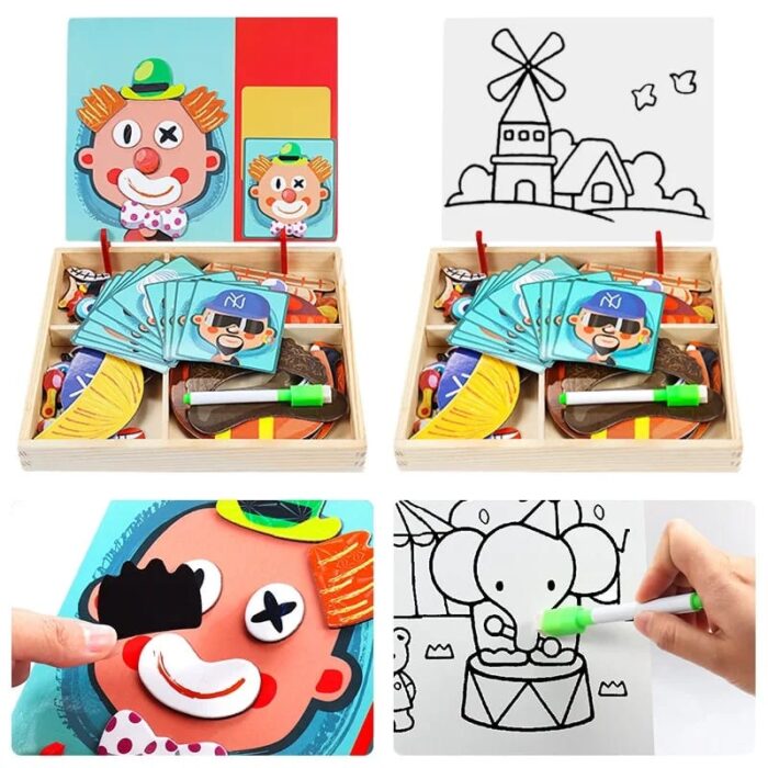 2in1 Crazy Face Clown Magnetic Drawing Board  | Magnetic Facial Features Magnetic Jigsaw Puzzle Changing Wooden Children's Toys Learning Toy for Children - Image 7
