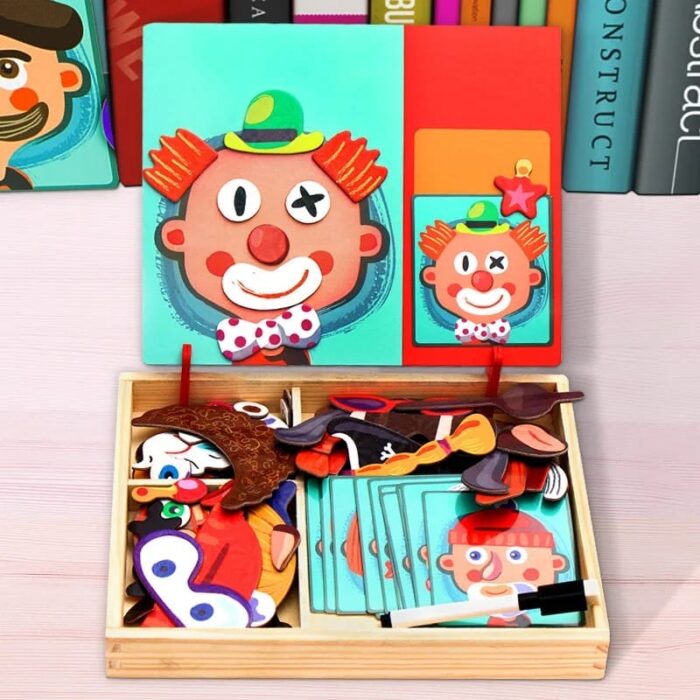 2in1 Crazy Face Clown Magnetic Drawing Board  | Magnetic Facial Features Magnetic Jigsaw Puzzle Changing Wooden Children's Toys Learning Toy for Children - Image 6