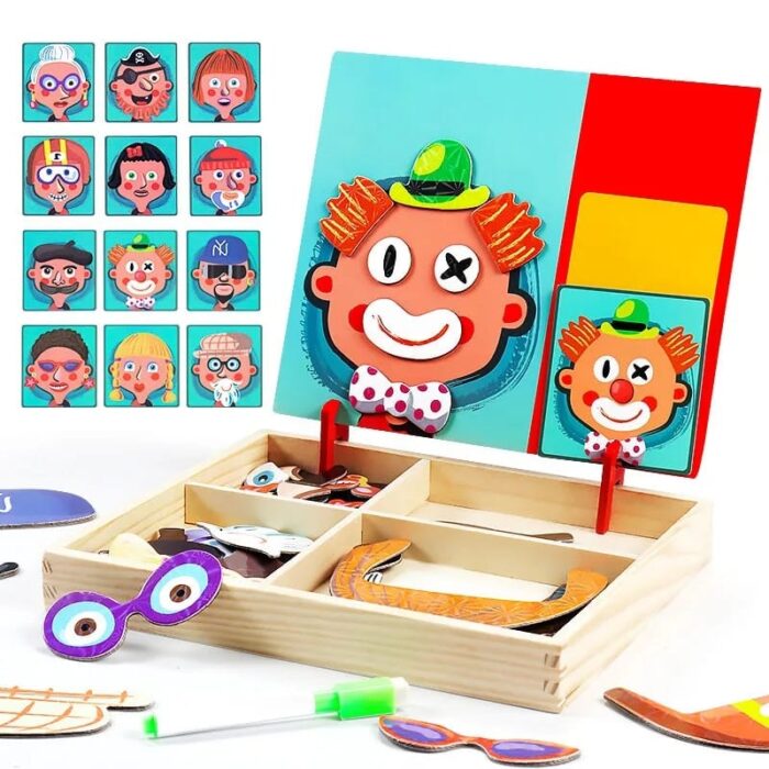 2in1 Crazy Face Clown Magnetic Drawing Board  | Magnetic Facial Features Magnetic Jigsaw Puzzle Changing Wooden Children's Toys Learning Toy for Children - Image 1