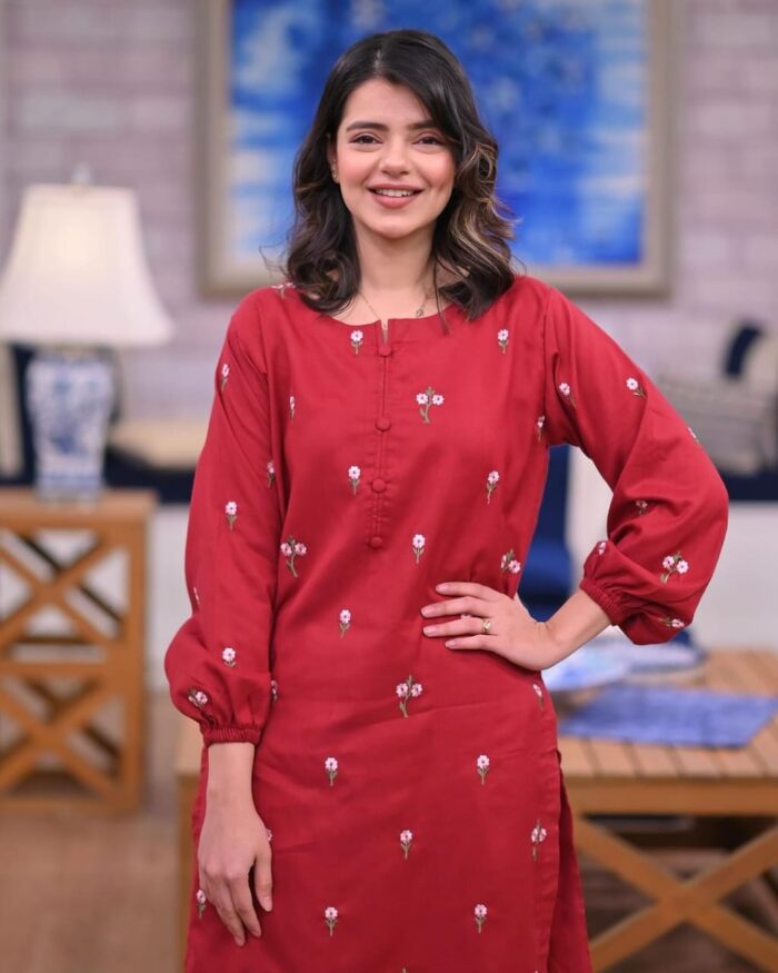 2 Pcs Petal Embroidery Stitched  suit Party Wear For Women (red) Medium - Image 1