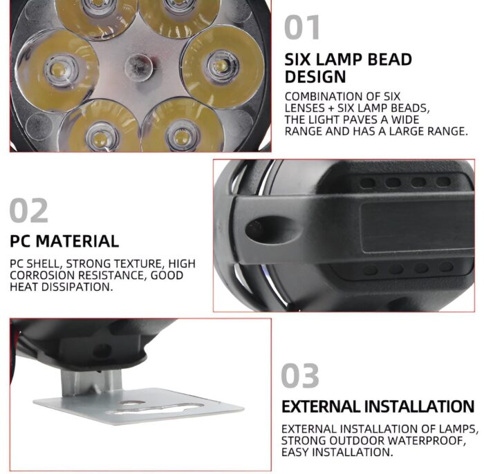 2PCS Work Lights 6 LED Motorcycle Headlight Spot Light Waterproof Super Bright Auxiliary Scooters Universal 12v Led Bar - Image 4