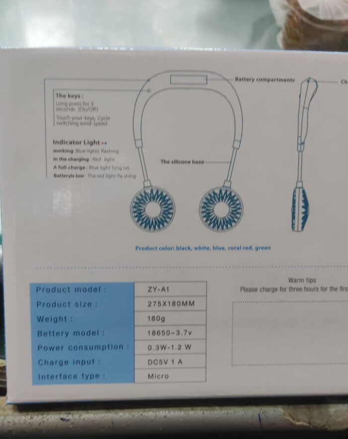 Hands Free Mini Neck Band | Usb Rechargeable Fan, 3 Mode (Random Colors) - Image 3