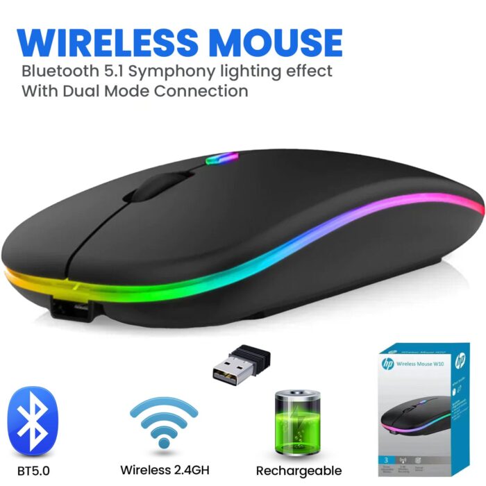 HP W10 Wireless RGB Bluetooth, Wireless, Rechargeable Slim Mouse - Image 1