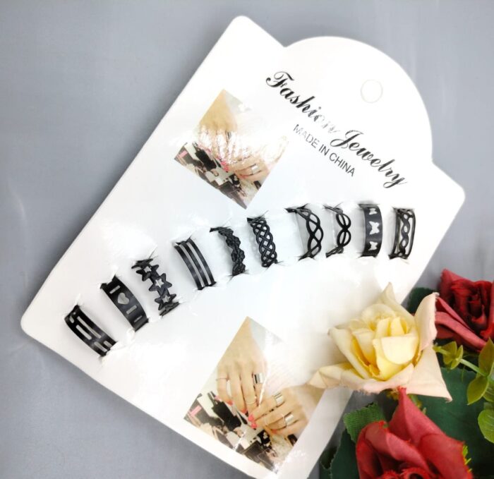 Pack Of 10 Adjustable Multiple Design Ring Set - Black - Image 1