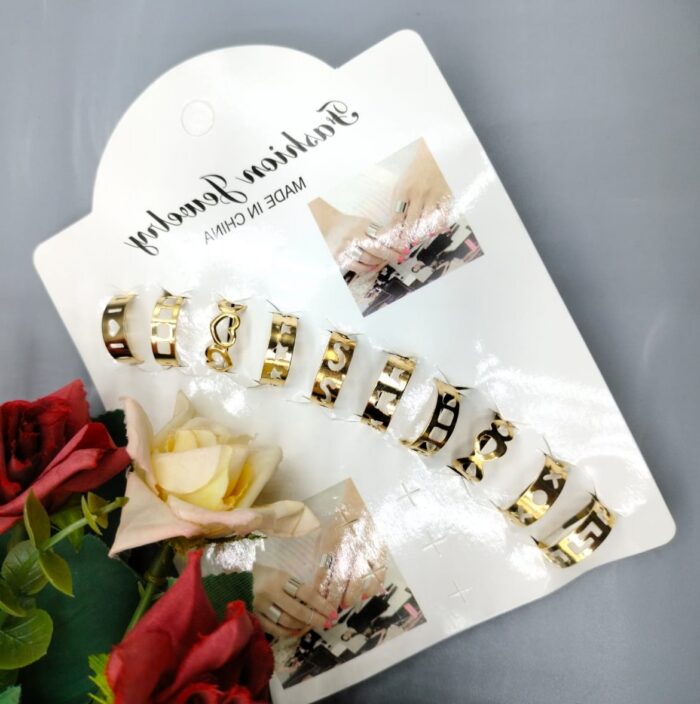 Pack Of 10 Adjustable Multiple Design Ring Set - Golden - Image 1