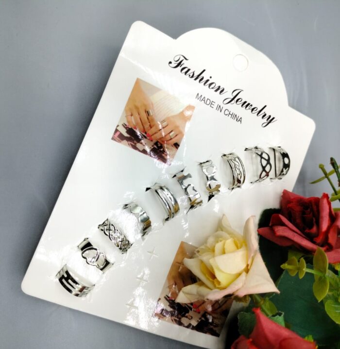 Pack Of 10 Adjustable Multiple Design Ring Set - Silver - Image 1