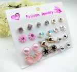 Trendy Artificial Stones Ear Studs - Pink Card (12 x Studs Pair)