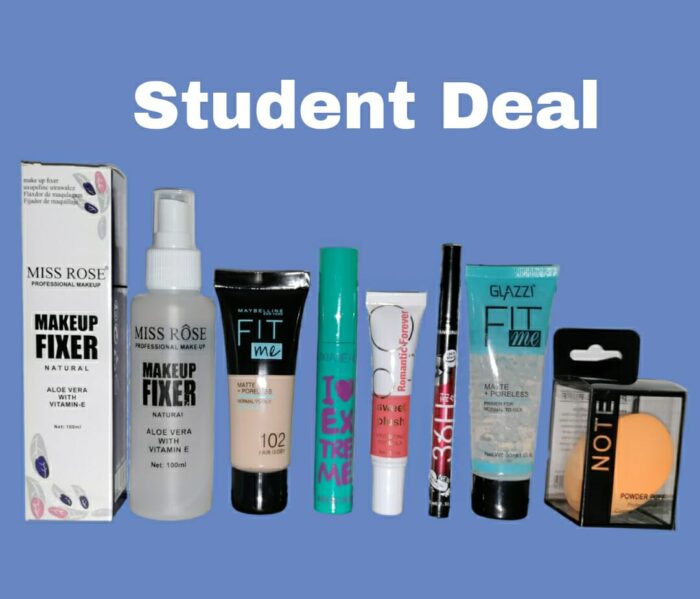 Student Makeup Deal - Makeup Fixer, Foundation (Random Shade), Mascar (Random Color) Liquid Blush, Eyeliner, Primer, Blender (Random Color) - Image 1