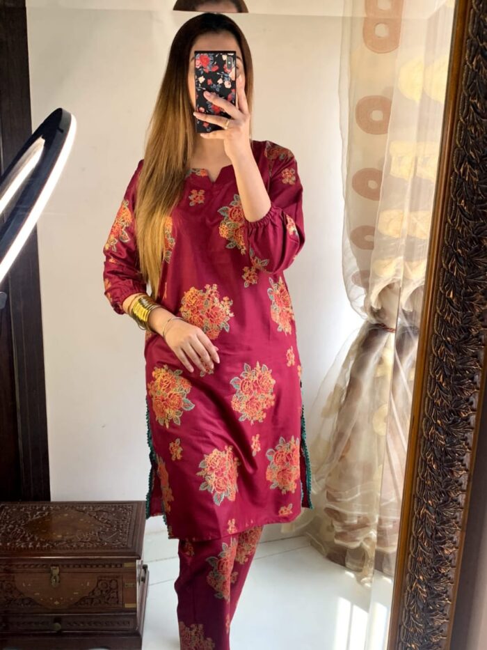 New Gulab 2 Pcs Linen Dress | Rose Print shirt and trouser for girls & Women - Image 1