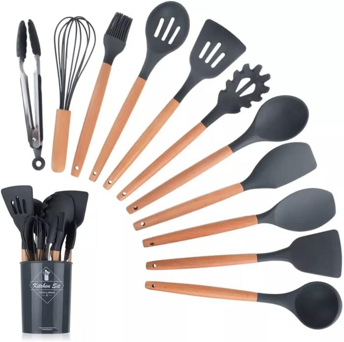 12 Pcs Silicone Cooking Utensils Kitchen Utensil Set | Heat Resistant Kitchen Non toxic Spatula Set with Turner Tongs,Spoon,Brush,Whisk-Wooden Handle - Random Color - Image 1