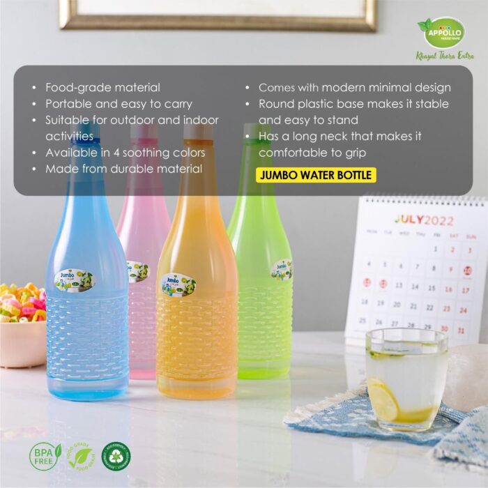 Pack Of 4 Plastic Jumbo Water Bottles (random color) 1.2 Ltr Each - Image 3