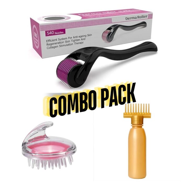 3 in 1 combo deal 1 Derma Roller (0.5mm) , Silicone Scalp Massage Brush , Oil Bottle - Image 1