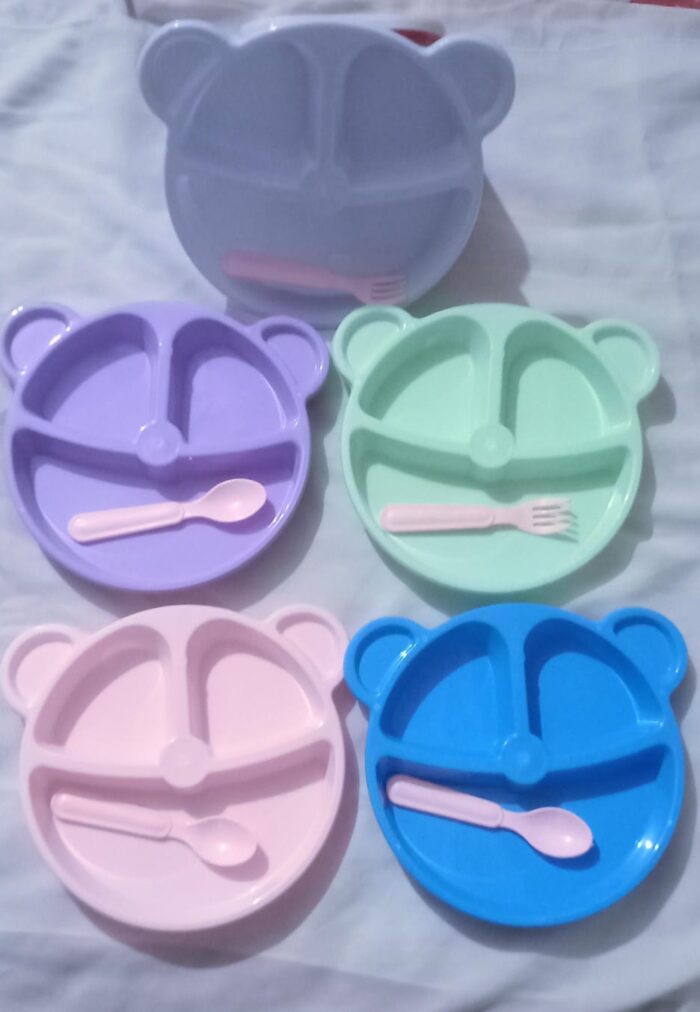 5 Pcs Bear Plate Set - Cartoon compartment dinner plate | Includes Divided Plate, Fork & Spoon, Perfect For Toddlers & Preschoolers (Random color) - Image 4