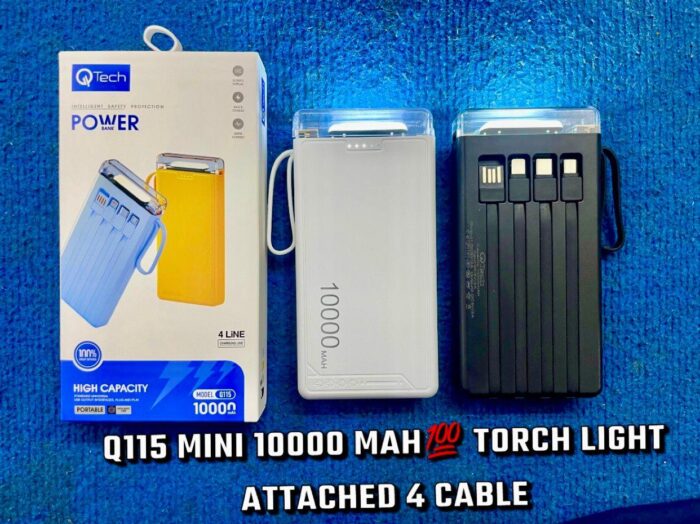 Qtech Q115 Power Bank 10000mAh With Torch Light And Attached Cables (Random Color) - Image 4