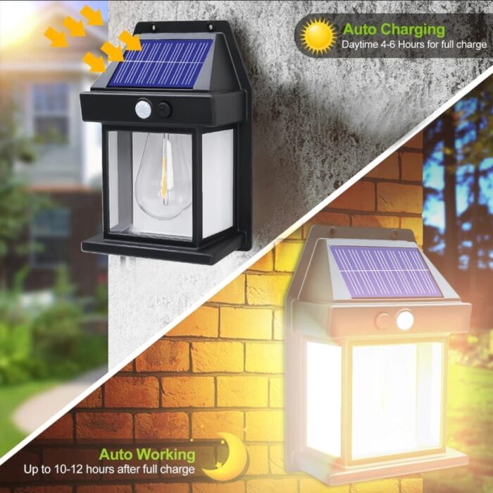 Solar Power Motion Sensor Human Body Induction LED Wall Light Waterproof Tungsten Filament Lamp Outdoor Garden Courtyard Light (Black) - Image 6