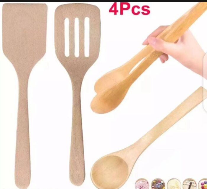 4Pcs Wooden Bamboo Utensil Set Spoon Ladle Slotted Turner Food Tongs Cooking - Image 1