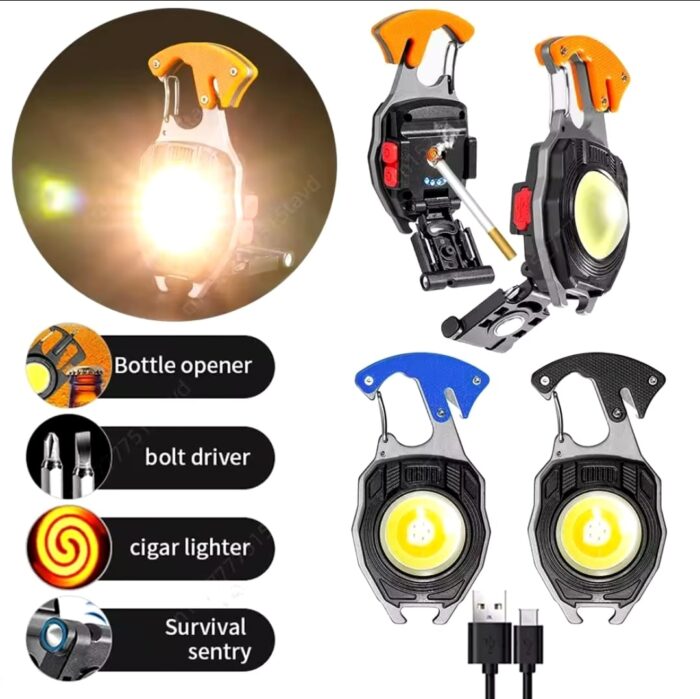 Multifunction Keychain COB Work Lights Strong Magnet Mini Torch with Cigarette Lighter Screwdriver USB Rechargeable Flashlight (Random color) - Image 3