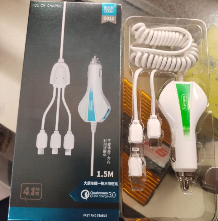 Aolike 5012 Car Phone Charger  USB Fast Charge One Drag 3in1 Universal Car Charger - Image 3