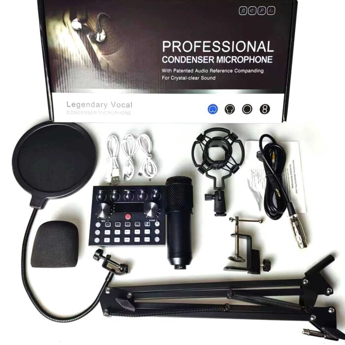 V10 Bm-800 Podcast Condenser Microphone Set With Live Sound Card (Black) - Image 1
