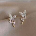 Golden Butterfly Flower Style Zircon Studs  for Women Girls
