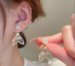 Golden Fishtail Luxury Sparkling Crystal Rhinestones Pearl Earrings for Women Girls - Image 4