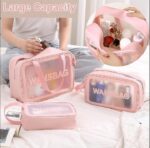 ( 3pcs) Washbag Makeup Bag Wear-resistant Large Capacity Portable Cosmetic Makeup Pouch (pink color)