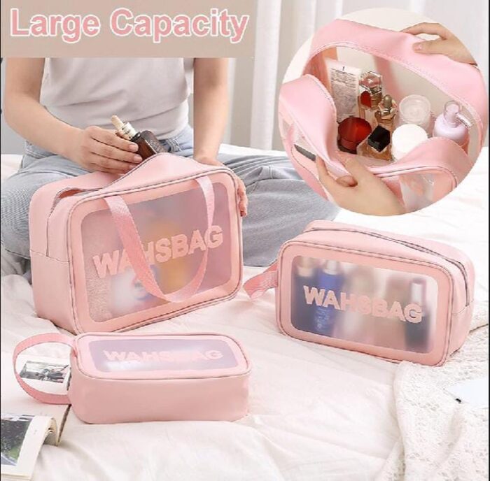 ( 3pcs) Washbag Makeup Bag Wear-resistant Large Capacity Portable Cosmetic Makeup Pouch (pink color) - Image 1