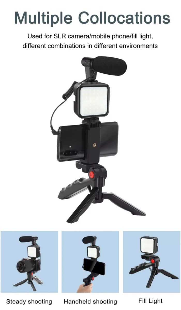Vlogging Video Making Kit With Light, Table Tripod Stand, Microphone, Phone Holder, Bluetooth RemoteSmart Phone Vloging Kot - Image 1