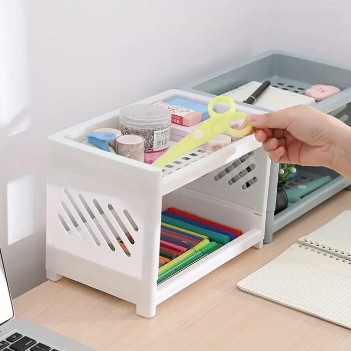 Desktop Double-Layer Plastic Storage Holder Rack Cosmetic Box Kitchen Bathroom Desk Shelf Organizer Office Supplies Stationery (Random Color) - Image 1