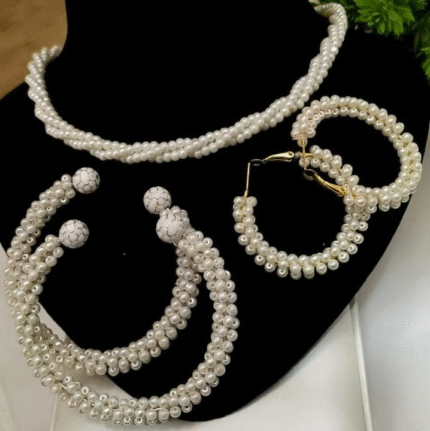 Women Pearl Elegant Jewelry Set ,Kangan, Mala & Earrings Pearl Set(white)