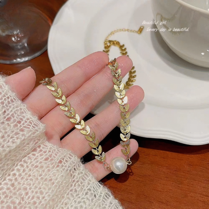 Pearl & Leaf Pendant  Korean Beautiful Pendent  (Golden) - Image 3