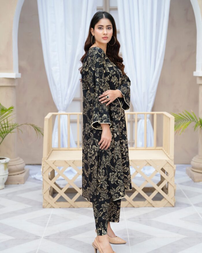black flower printed suit pcs Stitched Suit Stone Winter linen Suit WINTER COLLECTION - Image 3