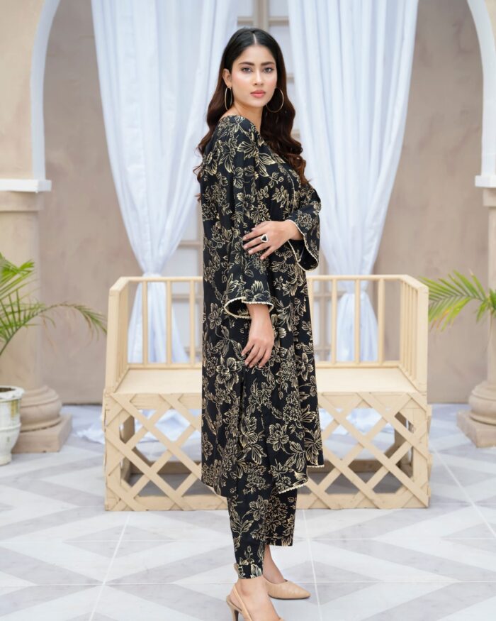 black flower printed suit pcs Stitched Suit Stone Winter linen Suit WINTER COLLECTION - Image 4