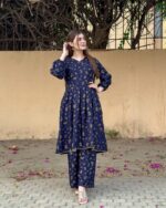 small flower printed suit pcs Stitched Suit Stone Winter linen Suit WINTER COLLECTION (blue) - Image 2